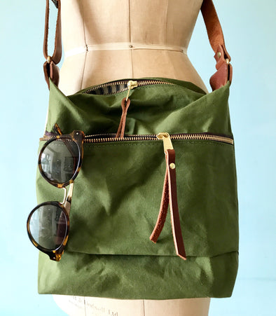 Green waxed canvas Scout crossbody bag