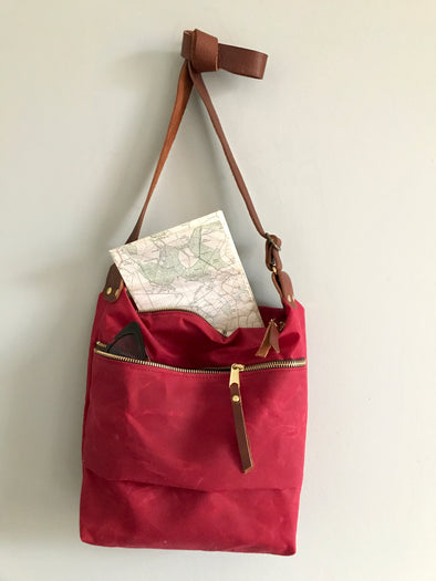 Red waxed canvas Scout bag, showerproof crossbody bag, walking bag