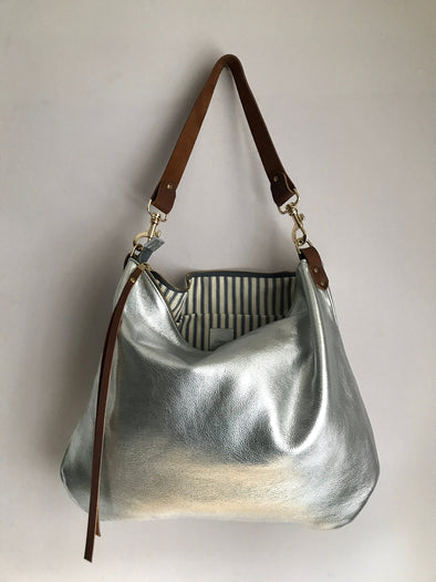 Large leather bag, Dumpling 2 silver  leather bag, silver leather messenger bag, silver metallic leather purse