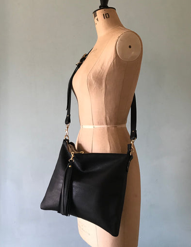 Black leather Miss Mason messenger bag, black leather crossbody handbag, black purse