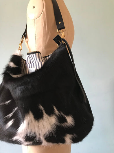 Leather and cowhide bag, large black crossbody Dumpling 2 bag, black leather purse, black shoulder bag, leather bag