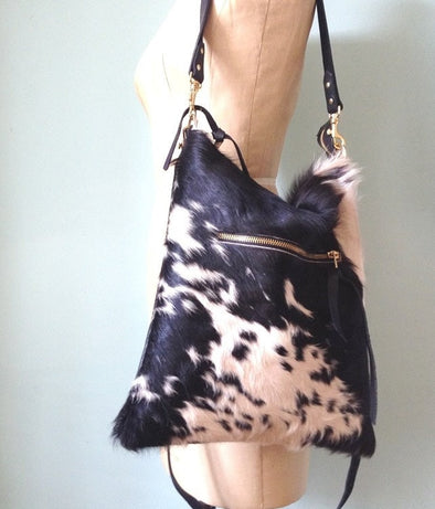 Cowhair and leather Cynthia bag, black and white leather cross body bag, black leather handbag