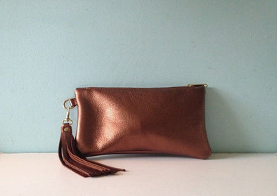Bronze leather Thorpe clutch bag, metallic zipped purse, make up bag, pencil case