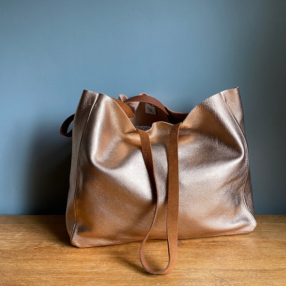 Rose gold leather Morse bag, metallic leather zipped tote