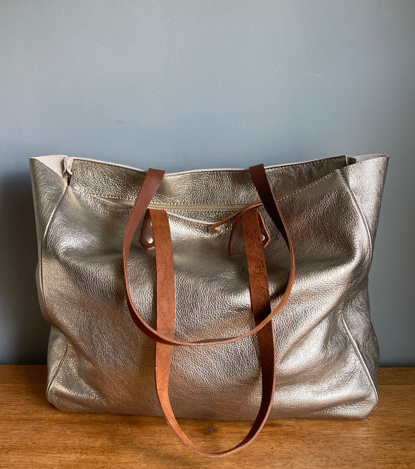 Rose gold leather Morse bag, metallic leather zipped tote