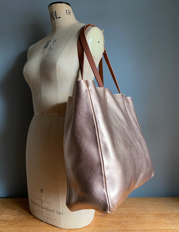 Soft gold leather Morse bag, metallic leather zipped tote