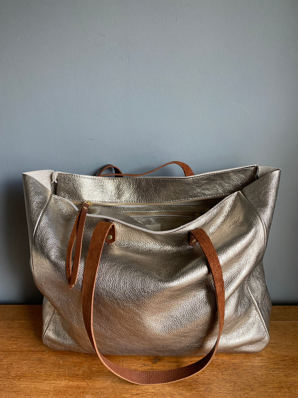 Soft gold leather Morse bag, metallic leather zipped tote