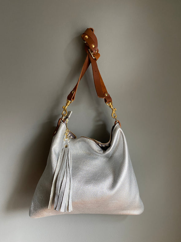 silver leather bag with crossbody strap