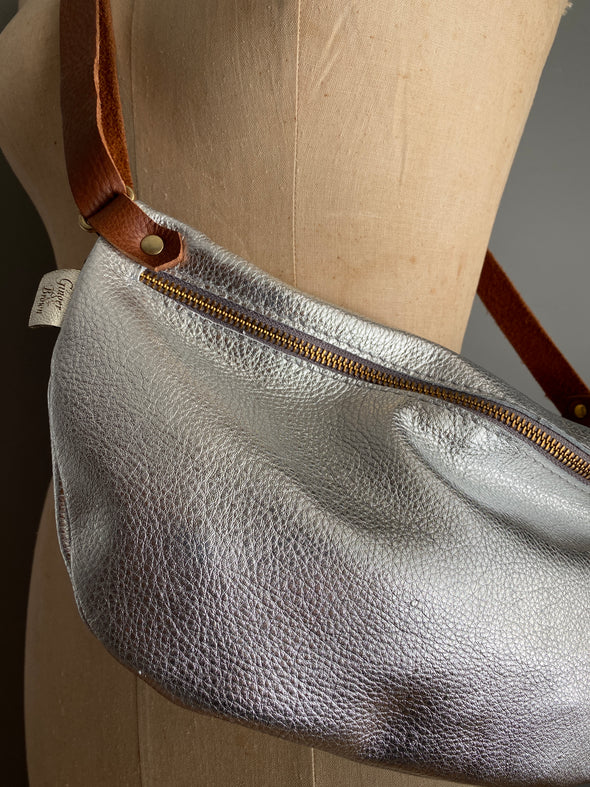 Crossbody silver leather Half Moon bag, crossbody bumbag