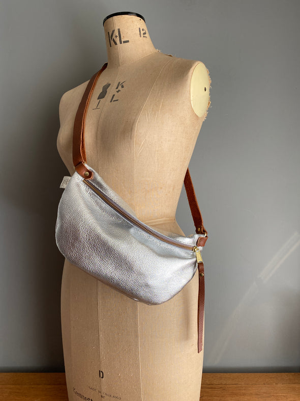 Crossbody silver leather Half Moon bag, crossbody bumbag