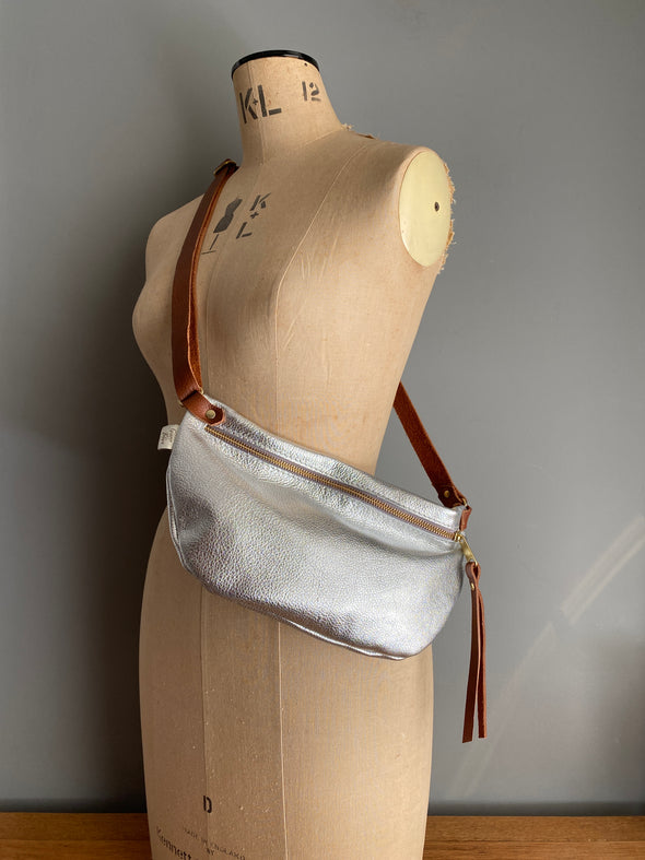 Crossbody silver leather Half Moon bag, crossbody bumbag