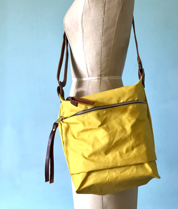 Yellow waxed canvas Scout bag, showerproof crossbody bag, walking bag