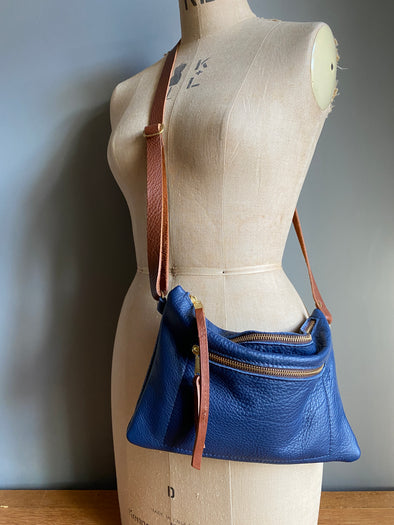 Blue leather Watchman crossbody purse