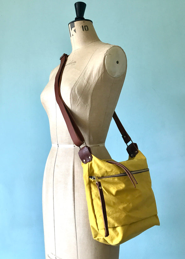 Yellow waxed canvas Scout bag, showerproof crossbody bag, walking bag