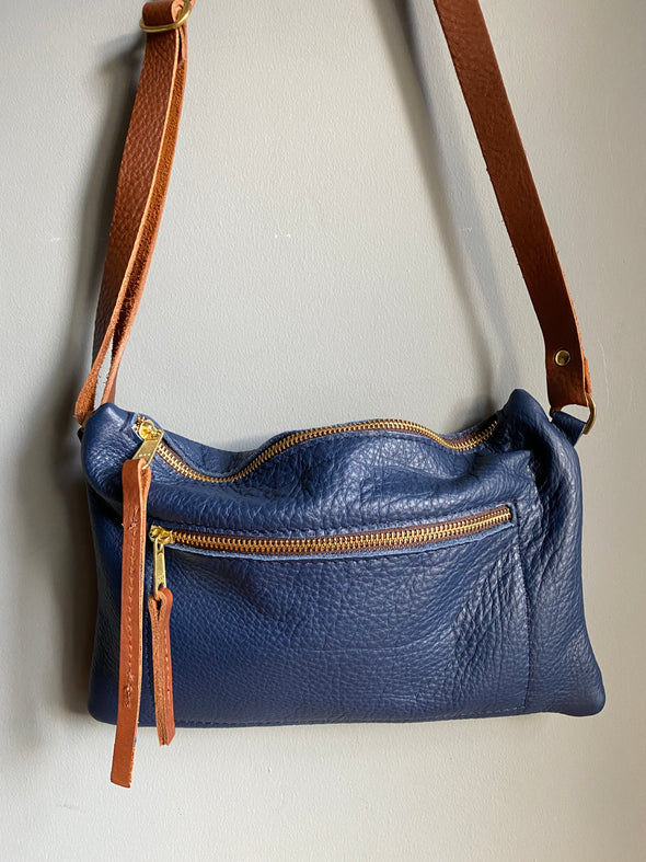 Blue leather Watchman crossbody purse