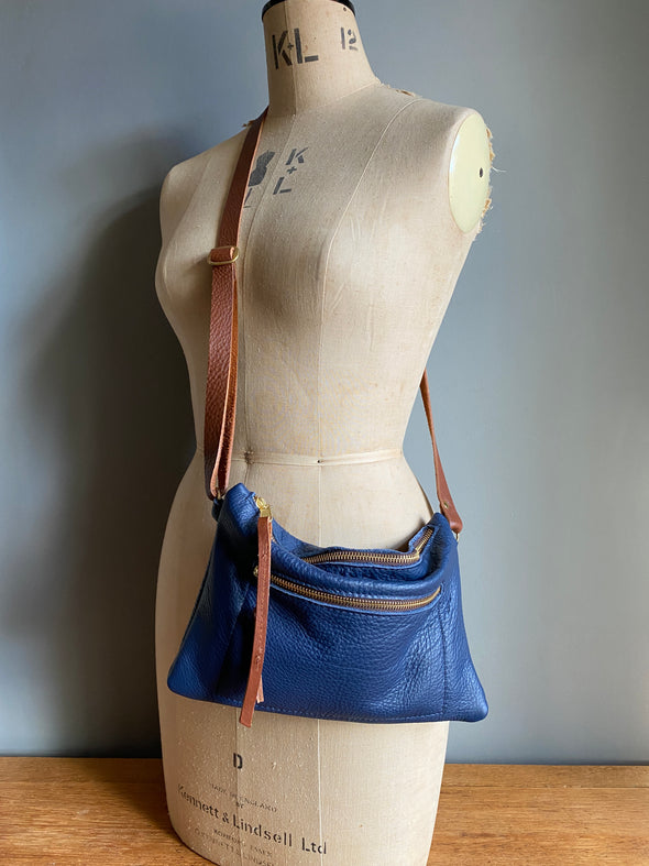 Blue leather Watchman crossbody purse