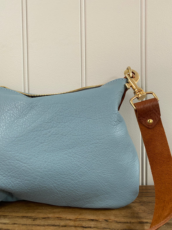 Duck egg blue leather mini Sweet Dumpling bag with crossbody or shoulder strap