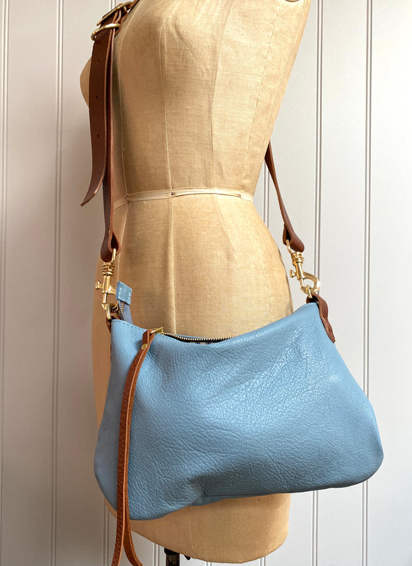 Duck egg blue leather mini Sweet Dumpling bag with crossbody or shoulder strap