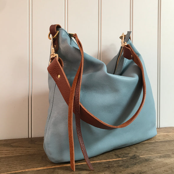 Dumpling messenger bag in duck egg blue leather - crossbody / shoulder bag