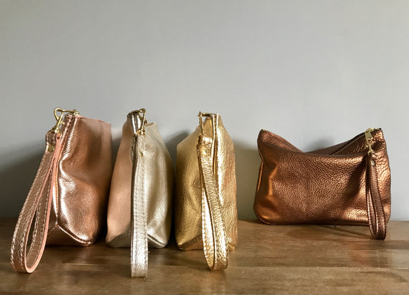 Leather Frankie cosmetics pouch in gold and silver