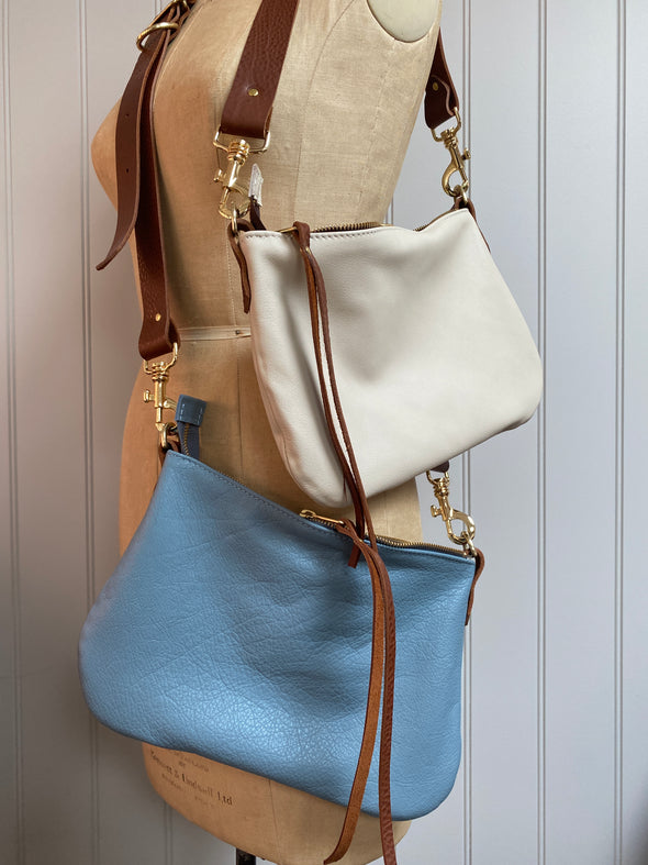 Duck egg blue leather mini Sweet Dumpling bag with crossbody or shoulder strap