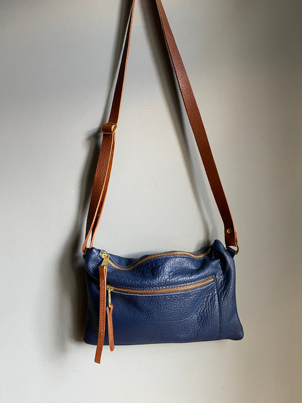 Blue leather Watchman crossbody purse