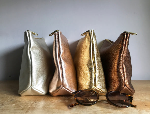 Leather Frankie cosmetics pouch in gold and silver