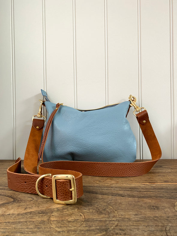 Duck egg blue leather mini Sweet Dumpling bag with crossbody or shoulder strap