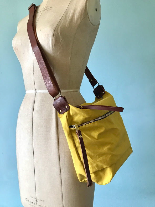 Yellow waxed canvas Scout bag, showerproof crossbody bag, walking bag