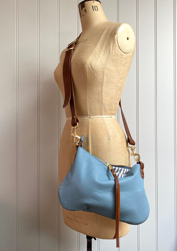 Duck egg blue leather mini Sweet Dumpling bag with crossbody or shoulder strap