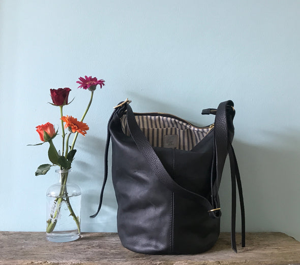 black leather crossbody bucket bag