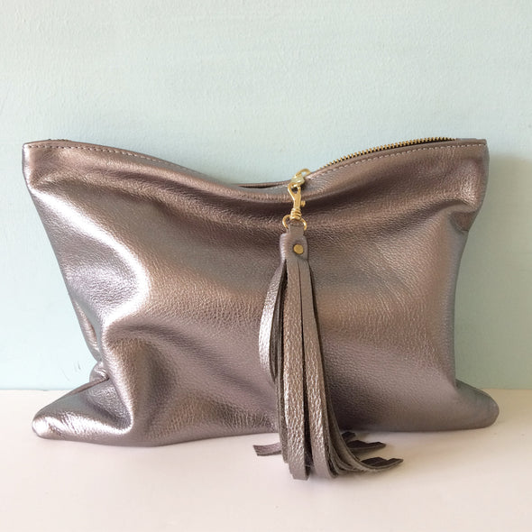 Gunmetal leather Clarke clutch with wristlet handle