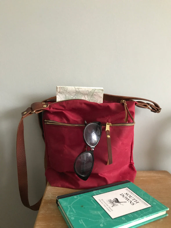 Red waxed canvas Scout bag, showerproof crossbody bag, walking bag