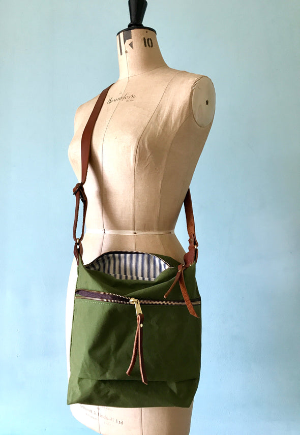 Green waxed canvas Scout crossbody bag