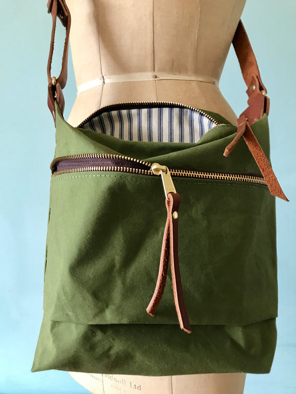 Green waxed canvas Scout crossbody bag