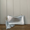 silver leather clutch bag