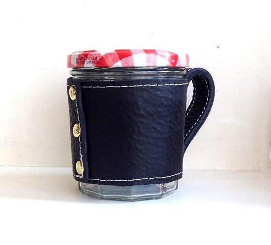 Leather cup sleeve, portable leather jar cosy, jam jar cosy