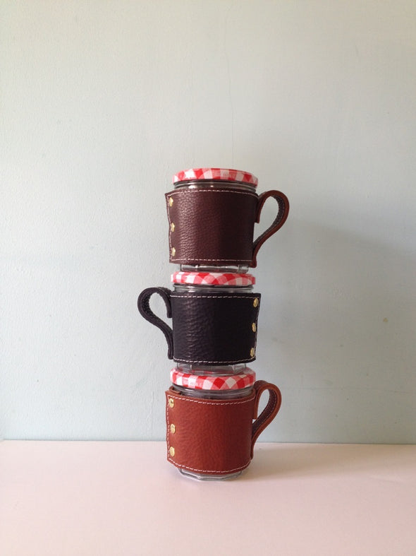 Leather cup sleeve, portable leather jar cosy, jam jar cosy