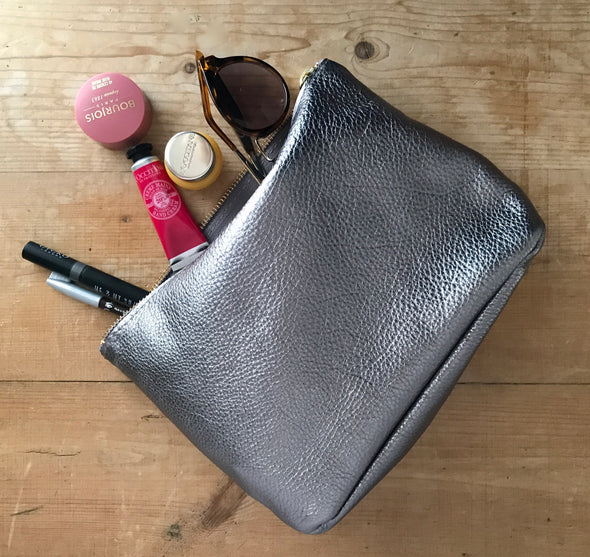 Leather Frankie cosmetics pouch in gold and silver