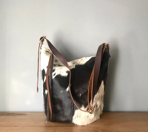 Dark brown leather and cowhair Clarissa bucket bag