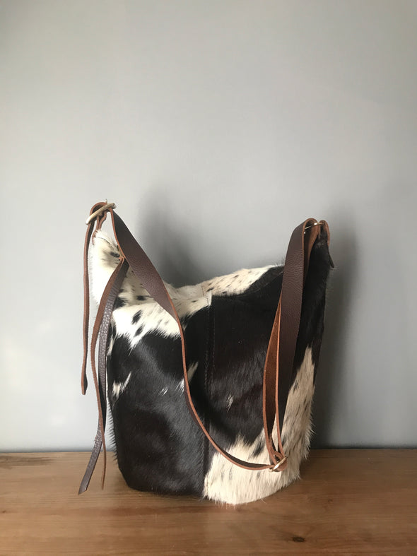 Dark brown leather and cowhair Clarissa bucket bag