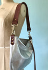 Silver leather evening bag with shoulder strap