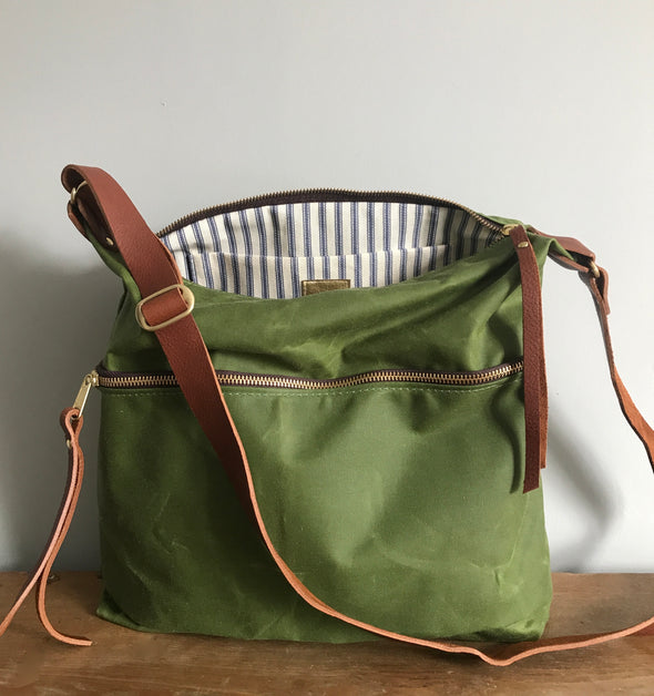 Expedition bag - green waxed canvas crossbody bag, walking bag