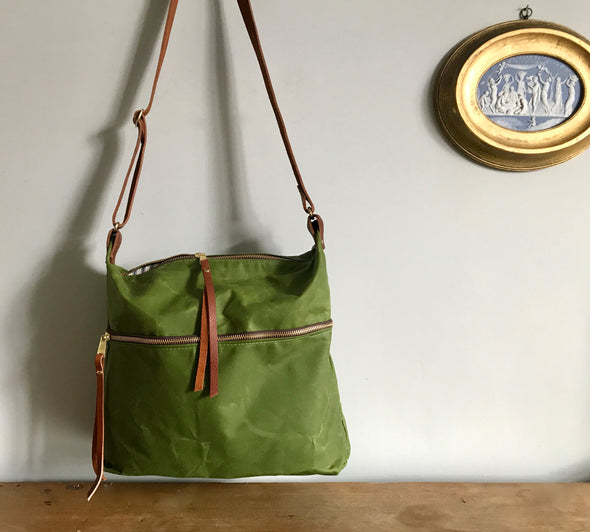 Expedition bag - green waxed canvas crossbody bag, walking bag