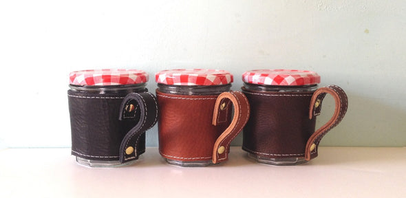 Leather cup sleeve, portable leather jar cosy, jam jar cosy