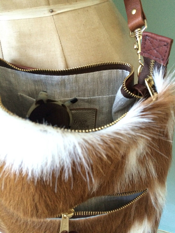 Brown and white Cynthia bag, cowhair and leather crossbody purse, cowhair handbag