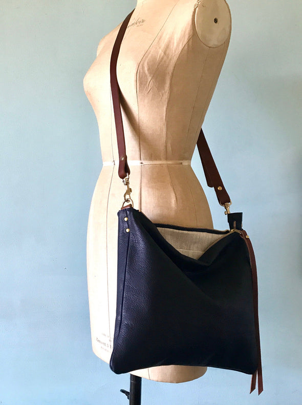 Navy blue leather Miss Mason messenger bag, blue leather crossbody handbag, navy blue purse