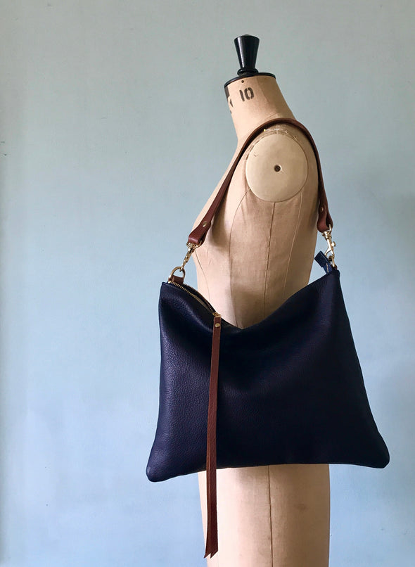 Navy blue leather Miss Mason messenger bag, blue leather crossbody handbag, navy blue purse