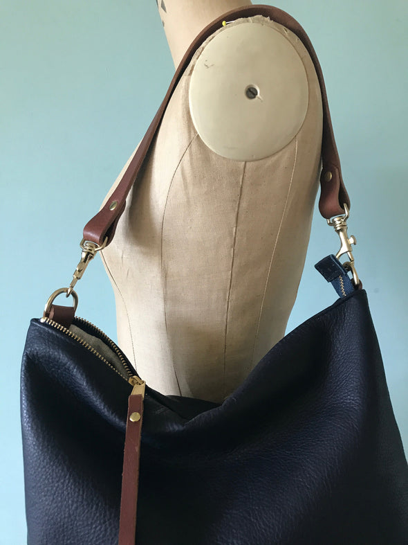 Navy blue leather Miss Mason messenger bag, blue leather crossbody handbag, navy blue purse