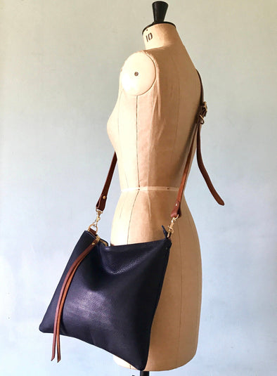 Navy blue leather Miss Mason messenger bag, blue leather crossbody handbag, navy blue purse